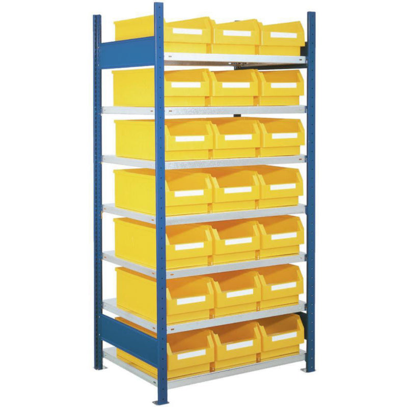 Regály s průhlednými skladovacími krabicemi