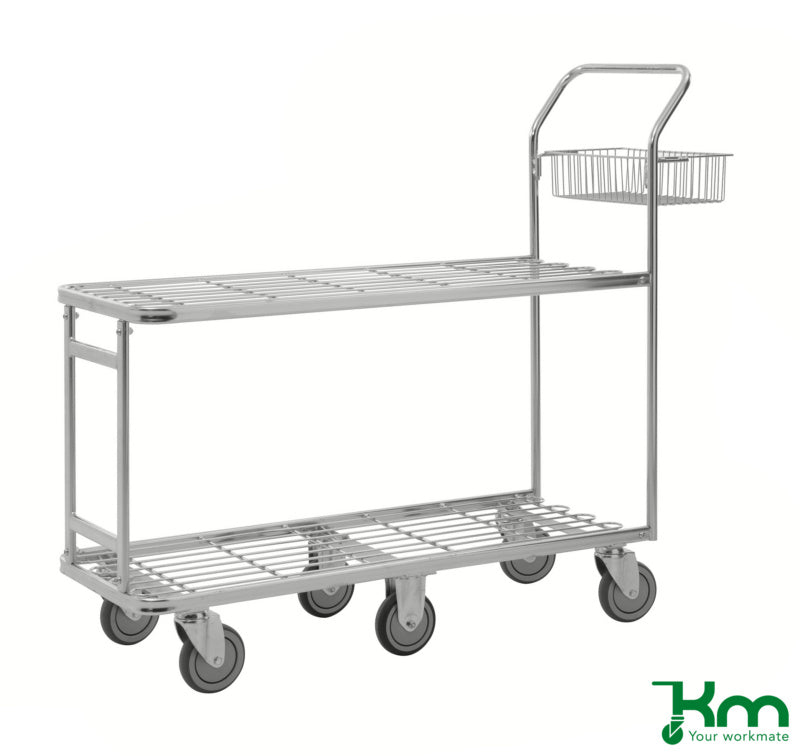 Stolový vozík se dvěma roštovými ložnými plochami a šesti kolečky