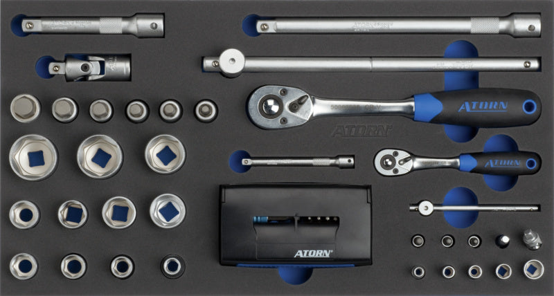 Vložka z tvrdé pěny s nářadím, sada nástrčných klíčů 1/2"–1/4"