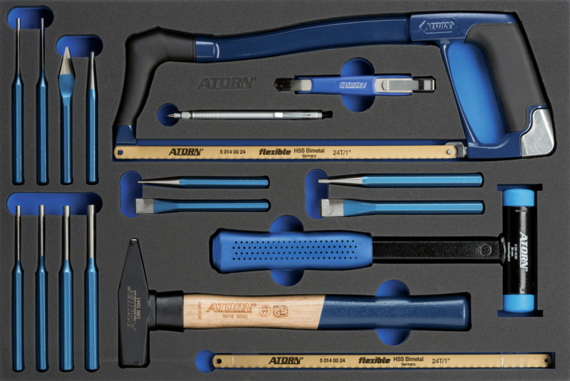 Vložka z tvrdé pěny s nářadím, kladivo, pila, sada sekáčů