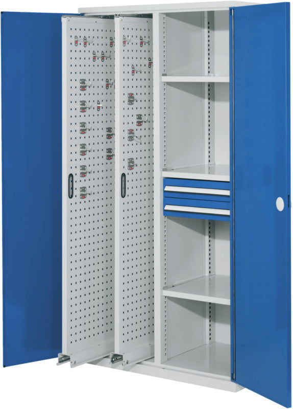 Vertikální skříň RASTERPLAN, výsuvné regály, police a zásuvky z děrovaného plechu