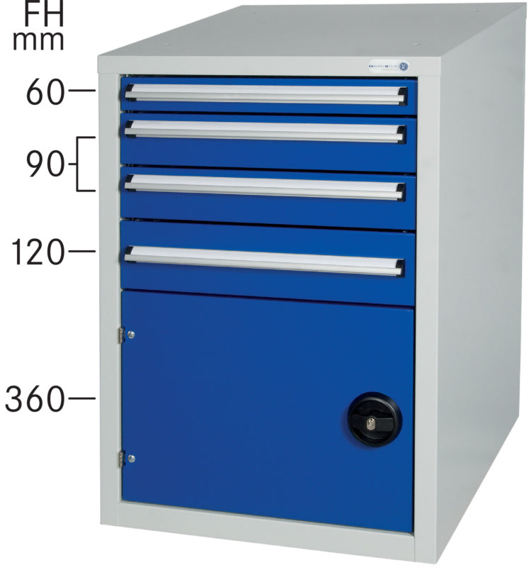 Skříňka k montáži pod dílenský stůl se 4 zásuvkami a 1 dveřmi