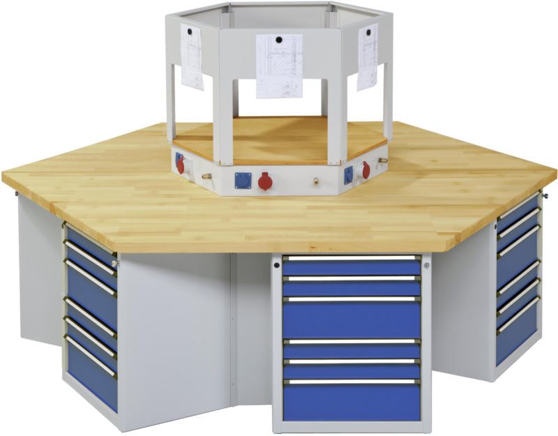 Skupinový dílenský stůl, řada VG, šestihran, s dvojitým zamykáním pro skříně