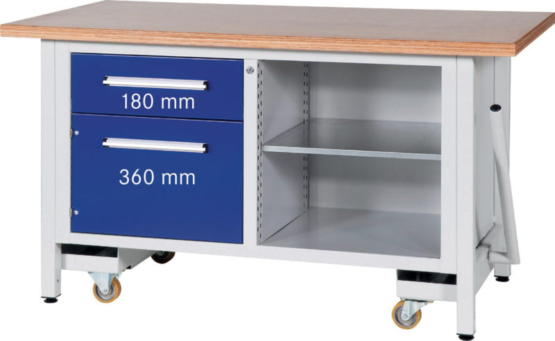 Dílenský stůl se skříňkou řady L 1500, se sklápěcím pojízdným zařízením