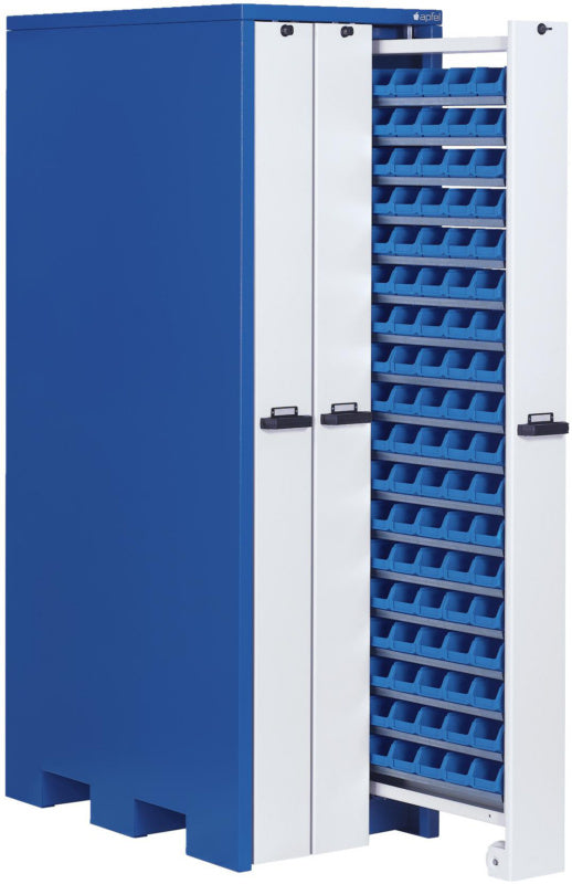 Vertikální skříně s průhlednými skladovacími krabicemi, jednořadé