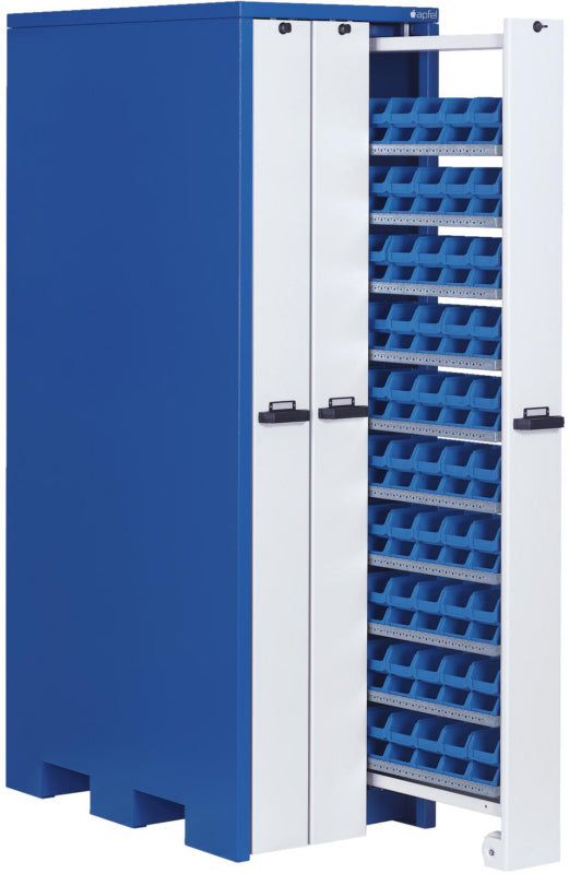 Vertikální skříně s průhlednými skladovacími krabicemi, dvouřadé