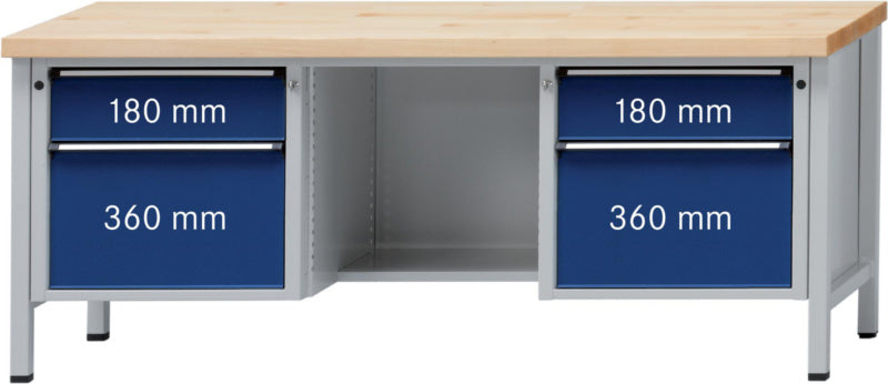 Dílenský stůl se skříňkou, řada V 2000, s prostorem na kolena