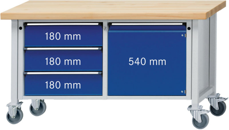 Dílenský stůl se skříňkou, řada V 1500, na kolečkách