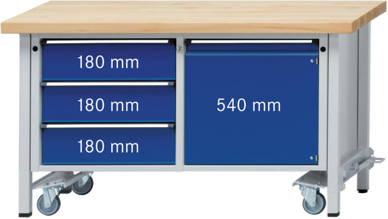 Dílenský stůl se skříňkou, řada V 1500, s výklopnými kolečky