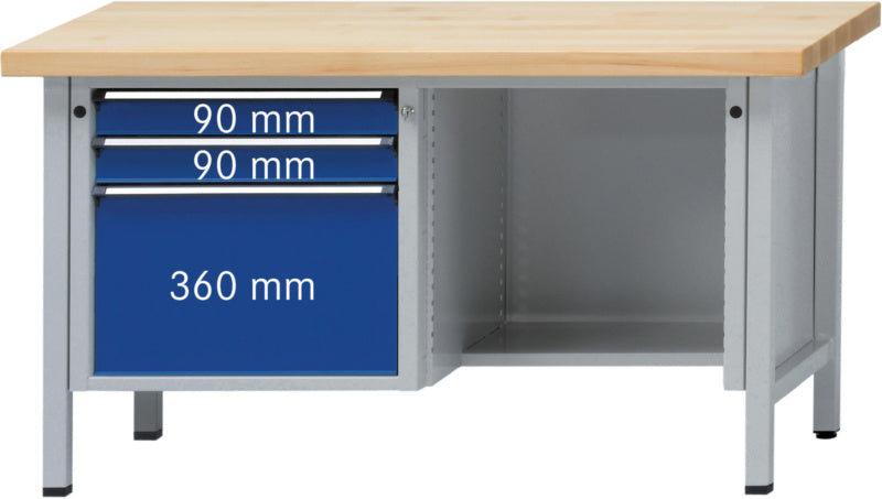 Dílenský stůl se skříňkou, řada V 1500, s prostorem na kolena