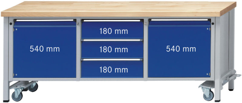 Dílenský stůl se skříňkou, řada V 2000, s výklopnými kolečky