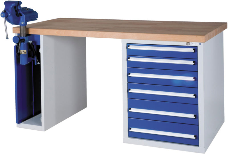 Dílenský stůl, řada WGS, se skříňkou k montáži pod stůl a sklápěcím svěrákem