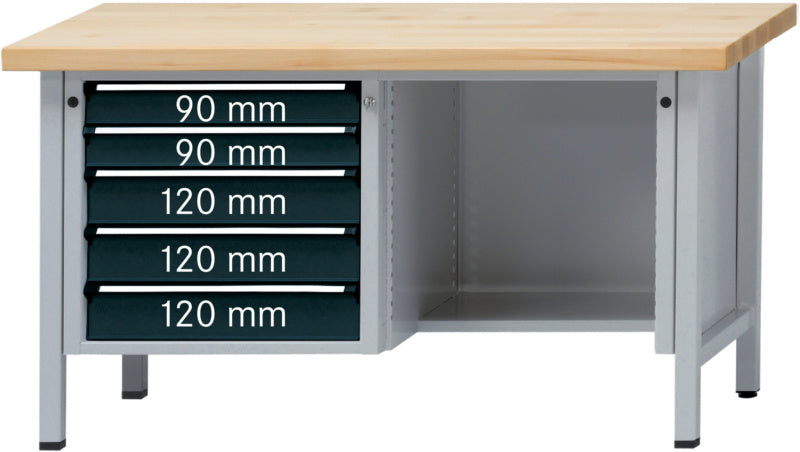 Dílenský stůl se skříňkou, řada V 1500, s prostorem na kolena