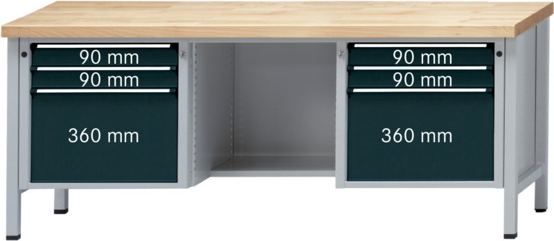 Dílenský stůl se skříňkou, řada V 2000, s prostorem na kolena