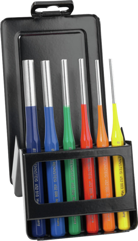 Sada vytloukačů čepů v krabici z ocelového plechu