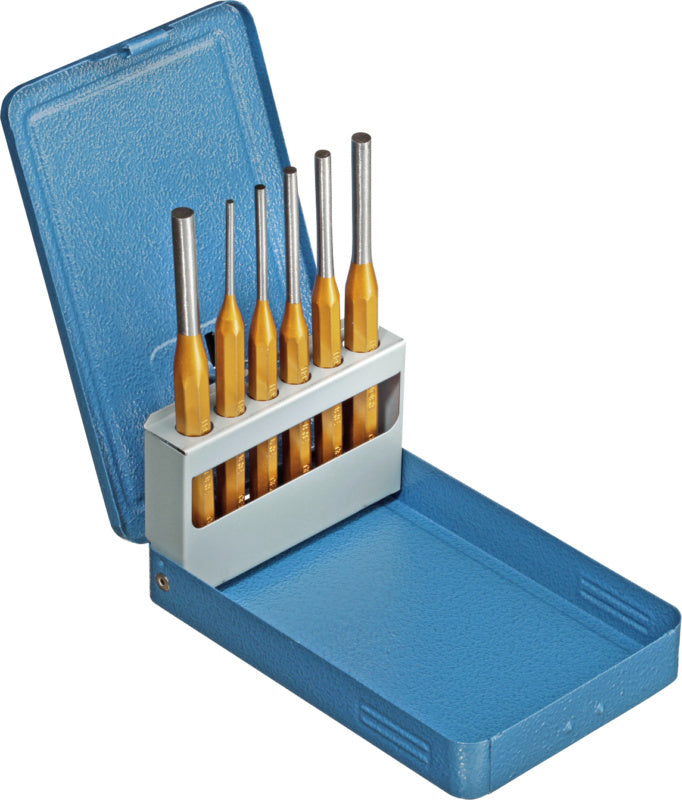 Sada vytloukačů čepů v krabici z ocelového plechu