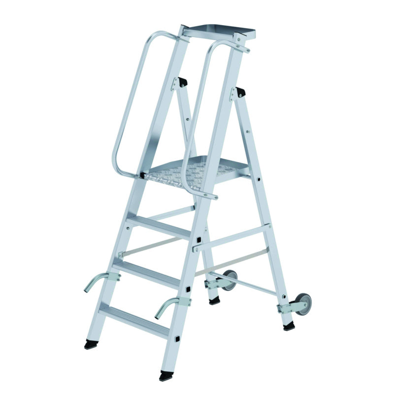 Hliníkový plošinový žebřík s kolečky a zásobníkem