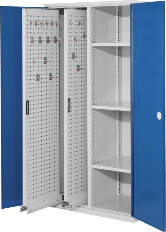 Vertikální skříň RASTERPLAN, výsuvné regály a police z děrovaného plechu