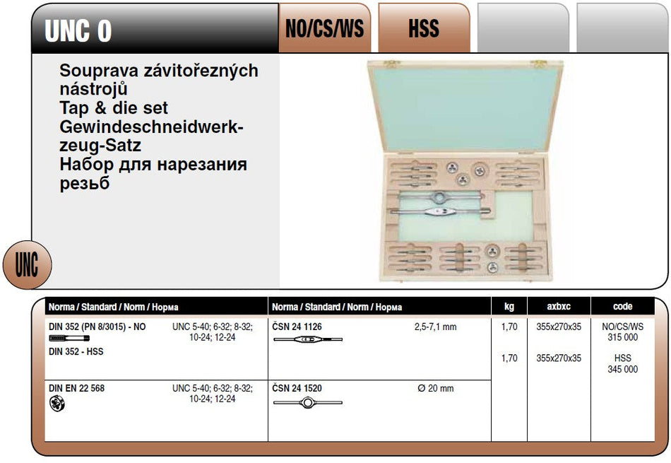 Souprava závitořezných nástrojů UNC NO Narex Bučovice