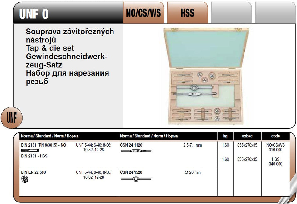 Souprava závitořezných nástrojů UNF HSS Narex Bučovice