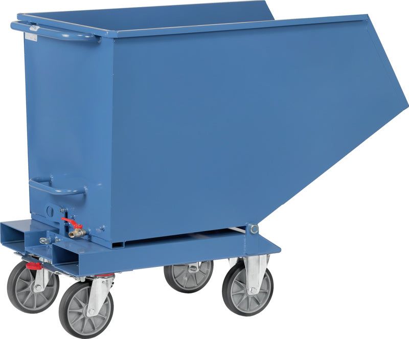 vyklápěcí vozík na piliny, ruční vyklápění – pojízdný s brzdami Totalstop