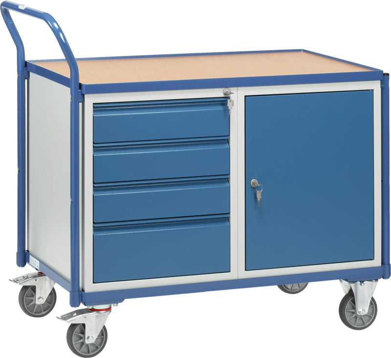 Dílenský vozík s 1 uzavřenou skříní s křídlovými dveřmi a 1 zásuvkovou skříní