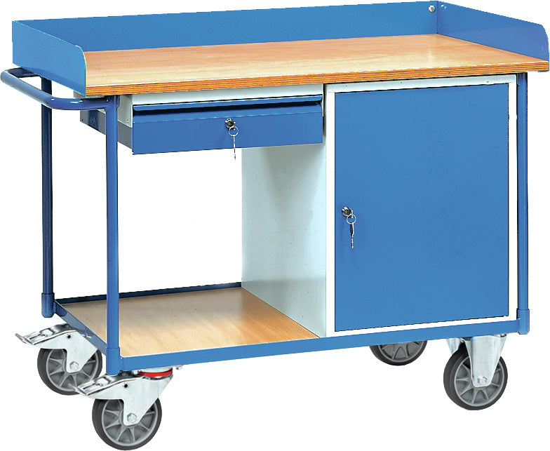 Dílenský vozík s 1 uzavřenou skříní s křídlovými dveřmi a 1 zásuvkou