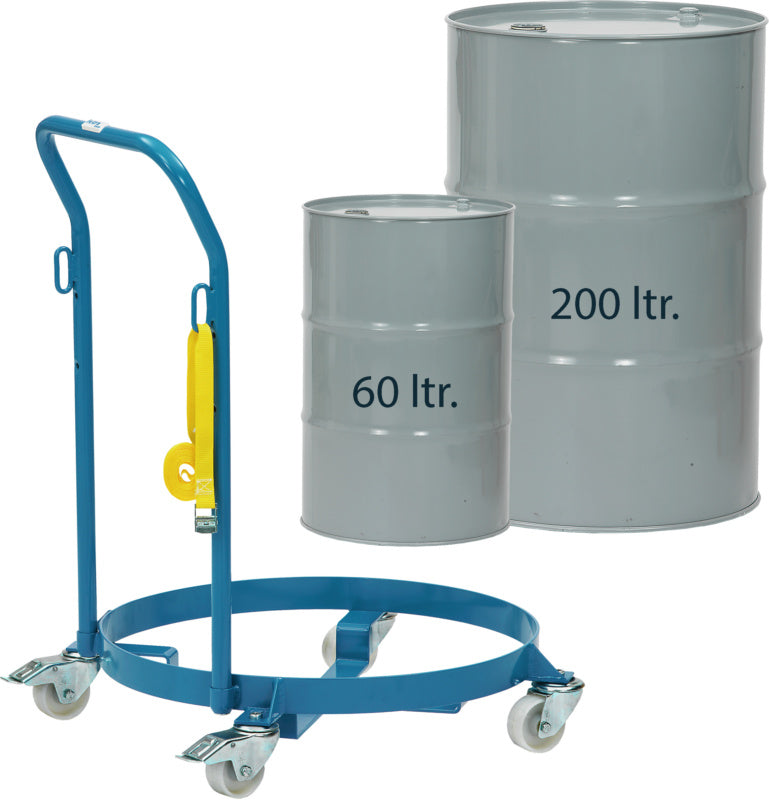 Vozík na sudy s vnějším kroužkem a tlačnou rukojetí