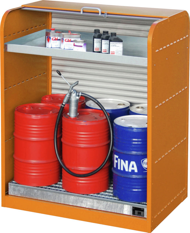 roletová skříň na nebezpečný materiál, 6x sud 60 l, s přídavnou vanou malé obaly