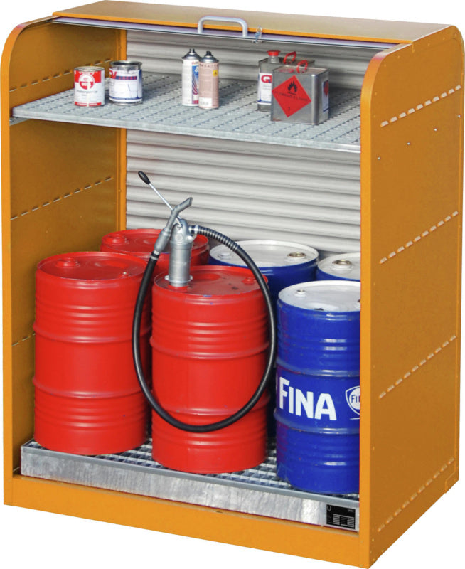 roletová skříň na nebezpečný materiál, 6x sud 60 l, s přídavným dnem s drátěným roštem