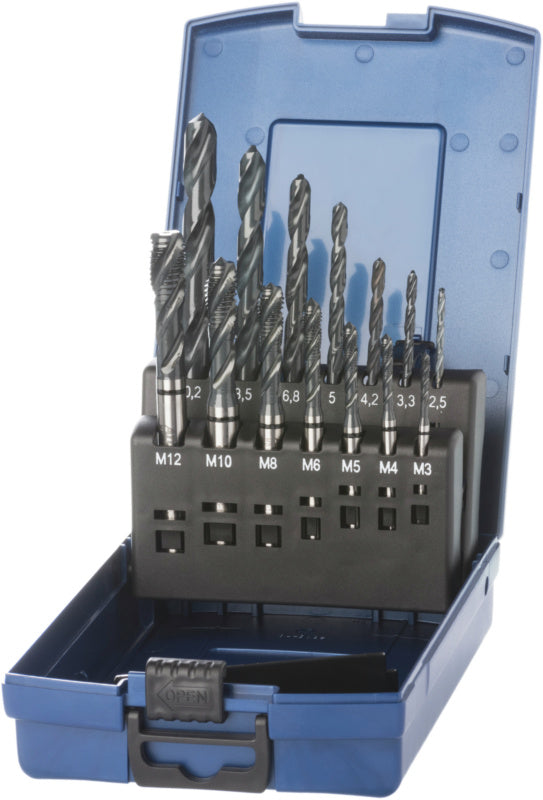 Sada závitníků + jádrový vrták M3–M12 HSSE slepý otvor ≤ 2,5xD
