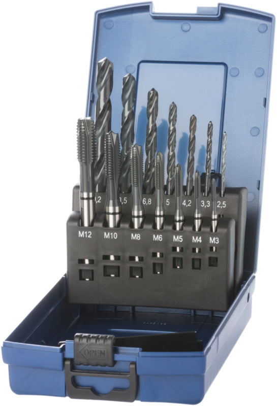 Sada závitníků + jádrový vrták M3–M12 HSSE průchozí/slepý otvor ≤ 3xD