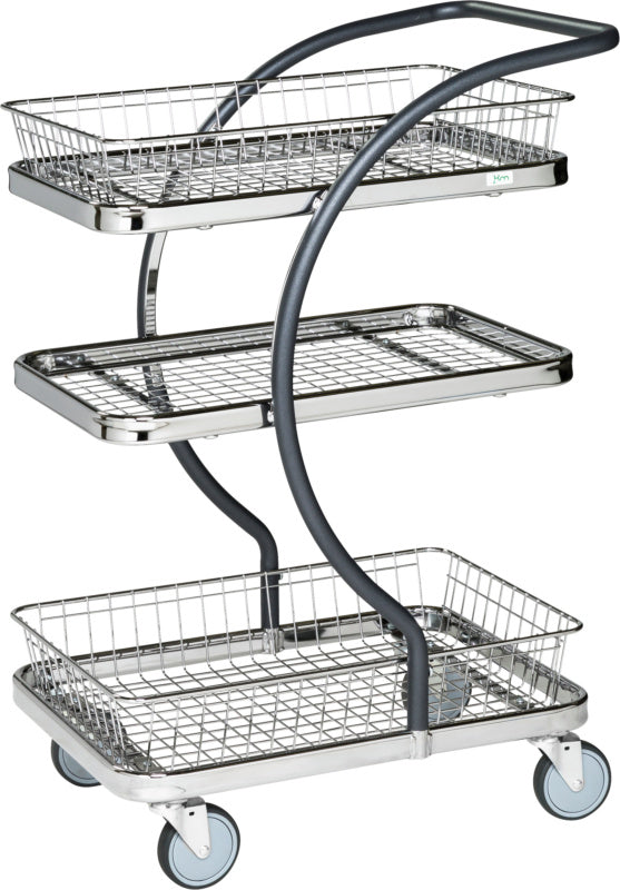 Designový servírovací vozík, jedna drátěná roštová nosná plocha, dva koše, řada C