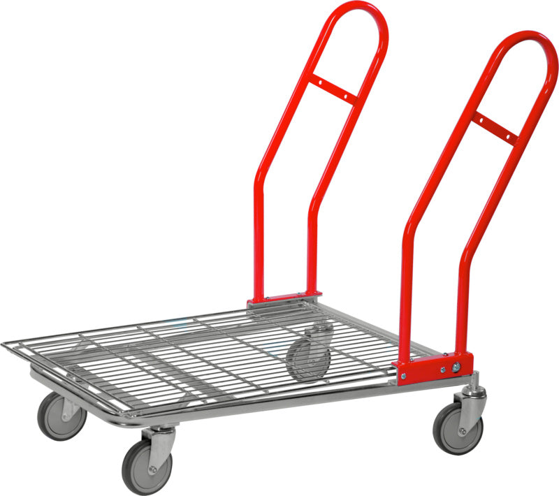 Plošinový vozík, stohovatelný s vnořením, ložná plocha s mřížkou a dvě boční madla
