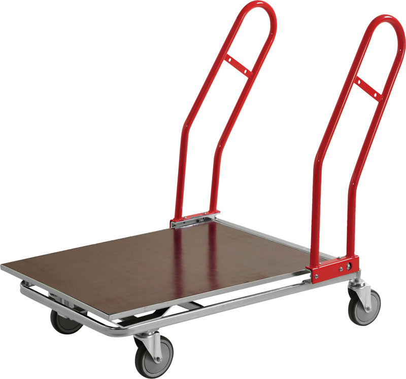 Plošinový vozík, stohovatelný s vnořením, s ložnou plochou z opracovaného dřeva a dvěma bočními madly