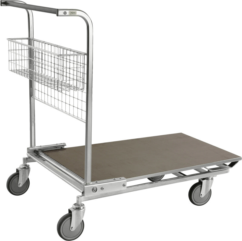 Plošinový vozík, stohovatelný s vnořením, ložná plocha z opracovaného dřeva a madlo