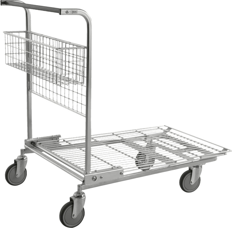 Plošinový vozík, stohovatelný s vnořením, ložná plocha s mřížkou a madlo