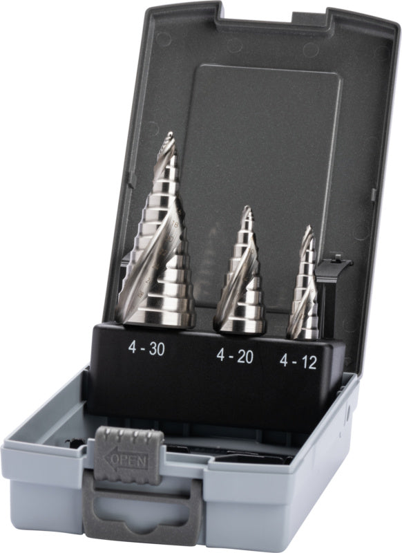 Sada stupňovitých vrtáků se stupňovitým hrotem HSS STEP