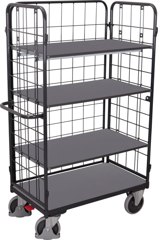 Třístranný vysoký policový vozík se 3 policemi