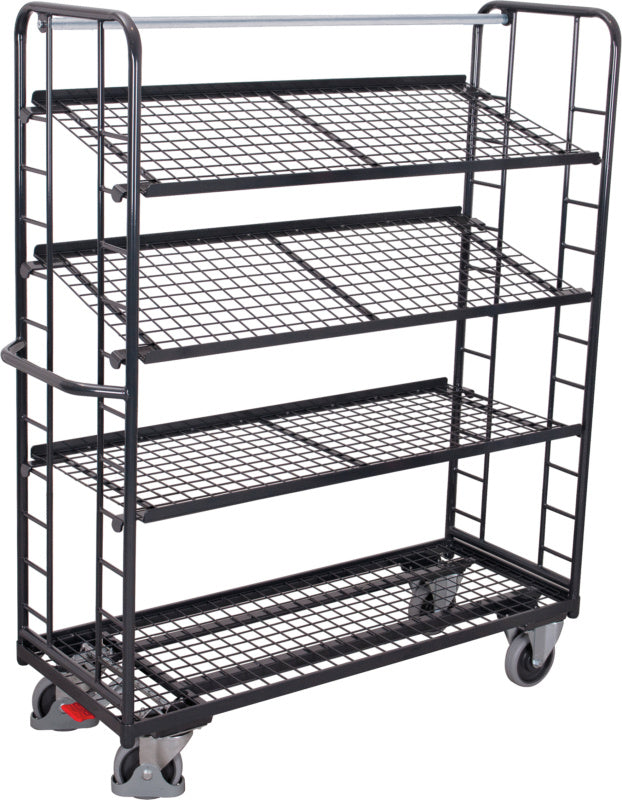 Policový vozík se čtyřmi policemi s drátěnou mřížkou