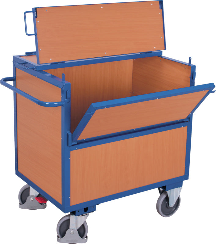 Dřevěný skříňový vozík s víkem, pevně svařovaný